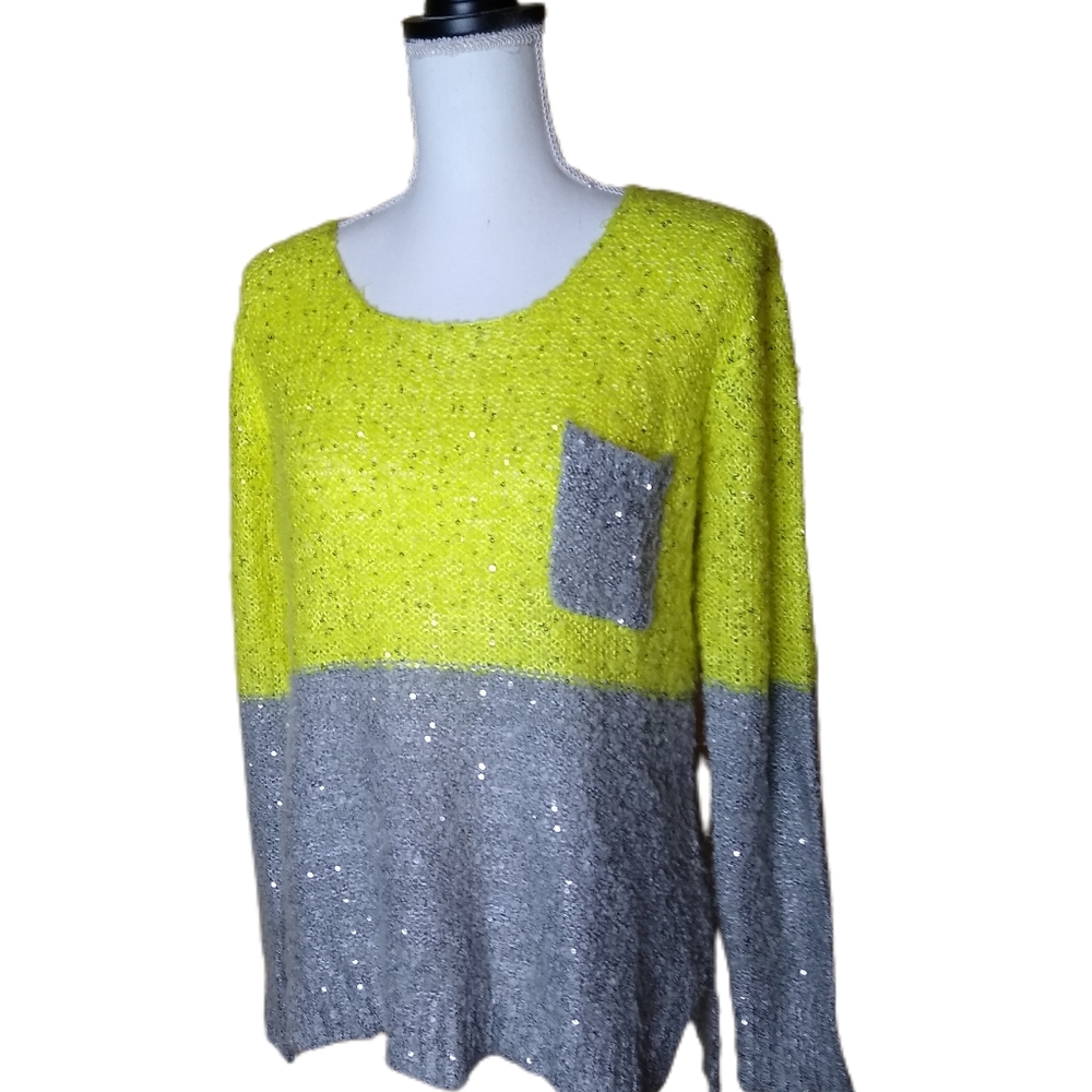 Cecico Sweater Color Block Gray Yellow Sequin Pocket Size S
